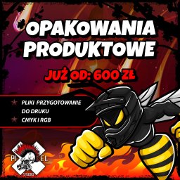 Pixel Studio Artur Zakrzewski - Grafika: Opakowania produktowe od 600 zł. Pliki przygotowane do druku, CMYK i RGB. Postać pszczoły w kasku, logo Pixel Studio na tle płomieni.