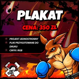 Pixel Studio Artur Zakrzewski - Ilustracja plakatu z kangurem-bokserem na tle spadających komet. Widoczna cena i informacje o projekcie jednostronnym, plikach do druku (CMYK i RGB) oraz logo studia.