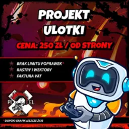 Projekt ulotki z ceną 250 zł/strona, robotem trzymającym kontroler i hasłem 'Dop&oacute;ki grafik jeszcze żyje'. Oferta zawiera brak limitu poprawek, rastry i wektory oraz fakturę VAT.