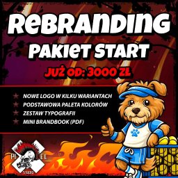 Pixel Studio Artur Zakrzewski - Grafika pakietu Rebranding Start: nowe logo, paleta kolorów, typografia, brandbook. Maskotka pies z piłkami tenisowymi i logo PIXEL Studio na tle ognia.