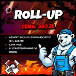 Projekt graficzny roll-upu 85x200 cm z ceną 350 zł, przygotowany do druku w CMYK i RGB. Ilustracja białego niedźwiedzia w niebieskim kombinezonie. Logo studia graficznego w rogu.