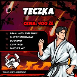 Pixel Studio Artur Zakrzewski - Grafika z tekstem 'Teczka', ceną 400 zł, listą korzyści (brak limitu poprawek, pliki do druku, CMYK i RGB, faktura VAT) oraz postacią w kimonie na tle ognia.