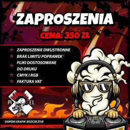 Pixel Studio Artur Zakrzewski - Grafika zaproszenia z ceną 350 zł, informacją o dwustronności, braku limitu poprawek, plikach do druku, CMYK i RGB oraz fakturze VAT. W tle płomienie i logo studia.