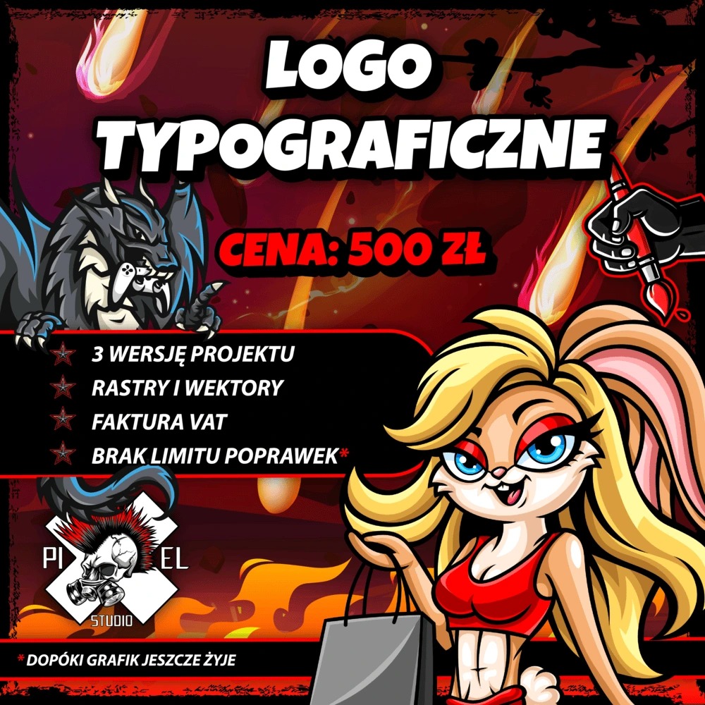 Grafika reklamowa studia graficznego z animowanymi postaciami i informacjami o ofercie logo typograficznego, cenie 500 zł, 3 wersjach projektu, rastrach i wektorach.