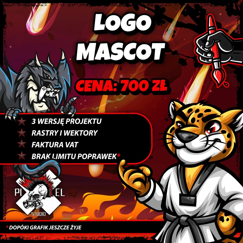 Grafika z ofertą projektowania logo i maskotek: smok z padem, gepard w karate-gi, pędzel w dłoni, meteory. Cena 700 zł, 3 wersje, rastry i wektory, faktura VAT.