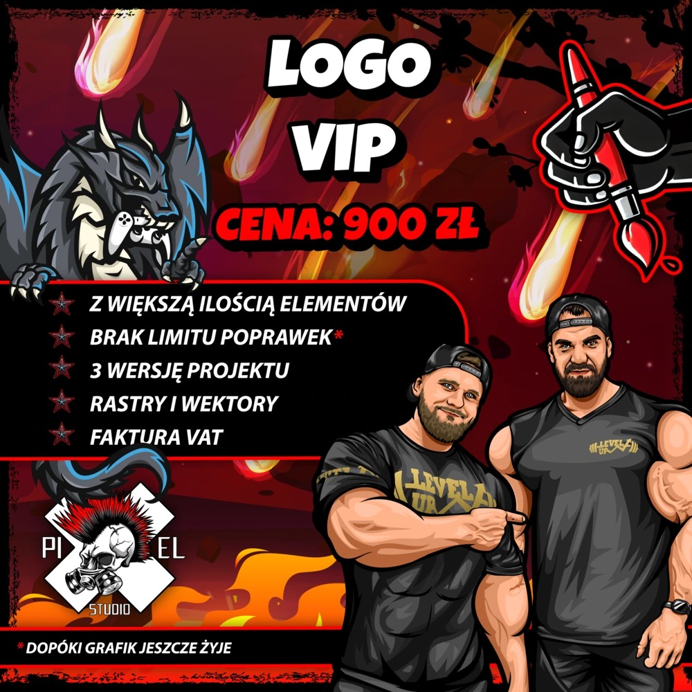 Grafika reklamowa studia projektowego oferującego logo VIP za 900 zł, z większą ilością elementów, bez limitu poprawek i fakturą VAT. W tle smoki i dwaj mężczyźni.