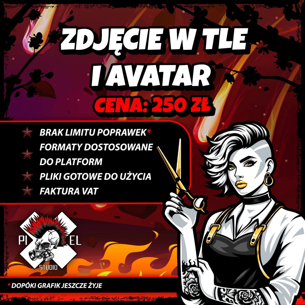 Grafika reklamowa studia z ofertą na zdjęcia w tle i avatary za 250 zł. Ilustracja kobiety z nożyczkami. Informacja o braku limitu poprawek, formatach i fakturze VAT.