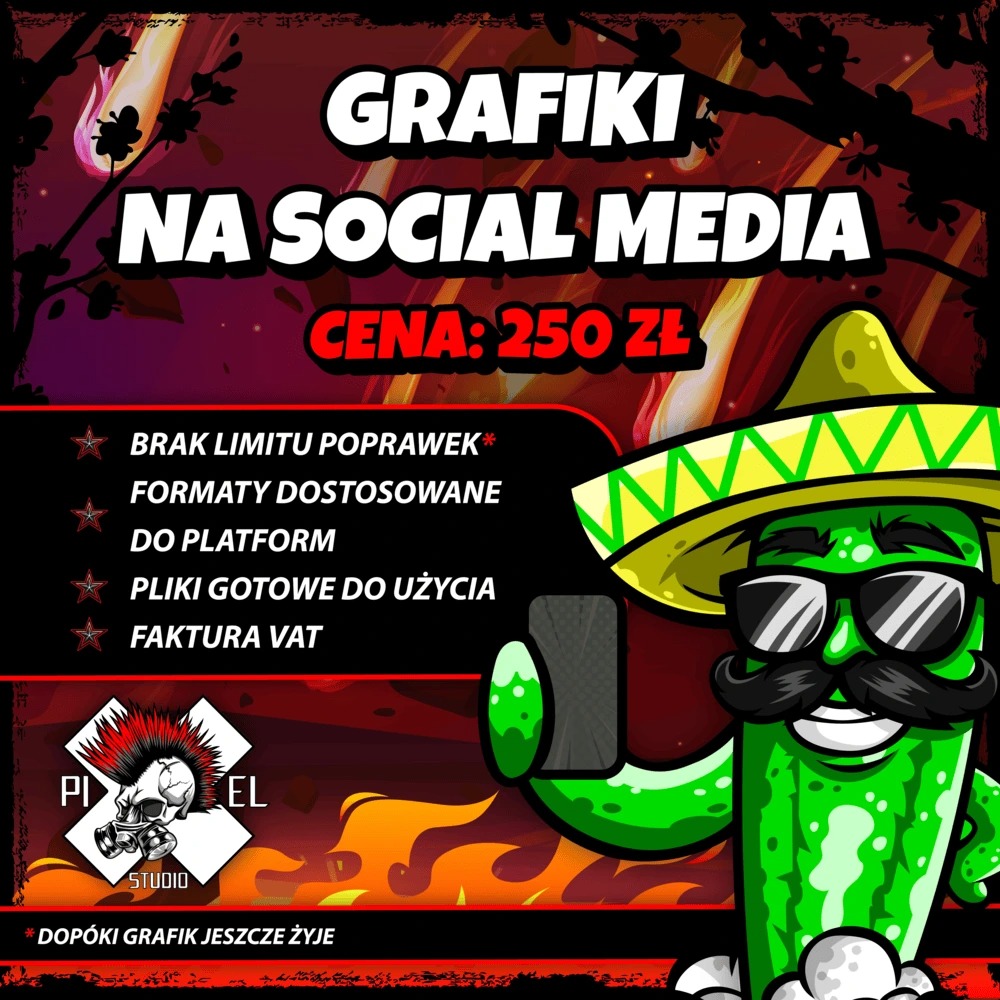 Grafika na social media za 250 zł. Kaktus w sombrero i okularach trzyma smartfon. Oferta studia graficznego z hasłem: Dopóki grafik jeszcze żyje.
