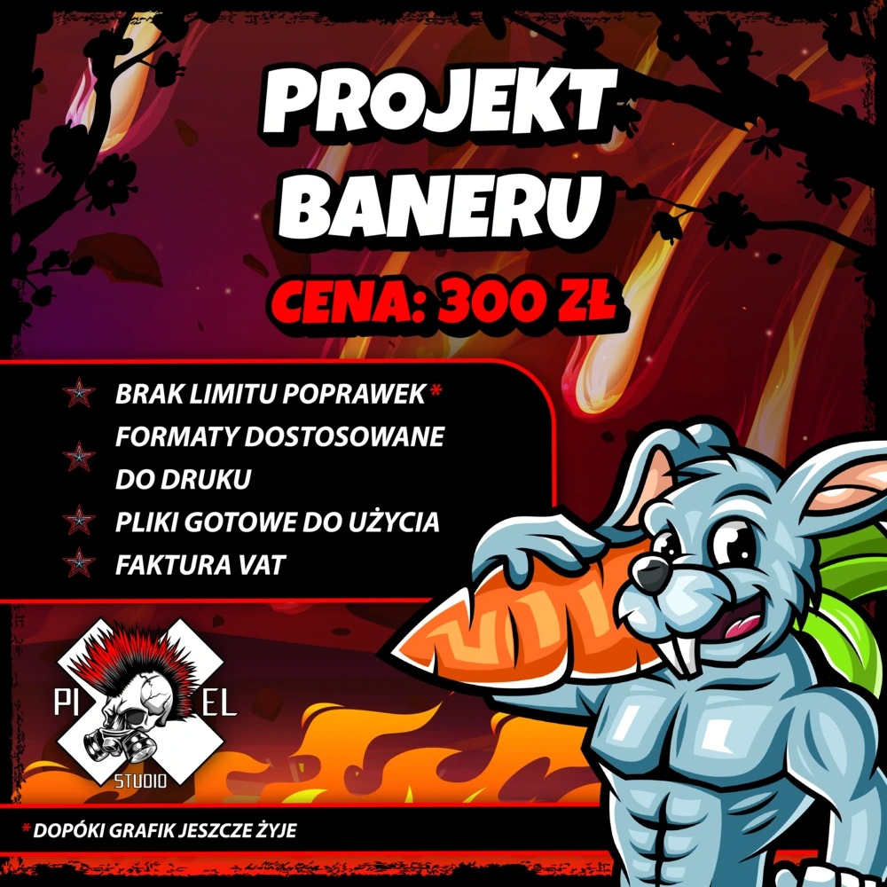 Projekt baneru z rysunkowym królikiem trzymającym marchewkę, informacje o braku limitu poprawek, formatach do druku, gotowych plikach i fakturze VAT, cena 300 zł.