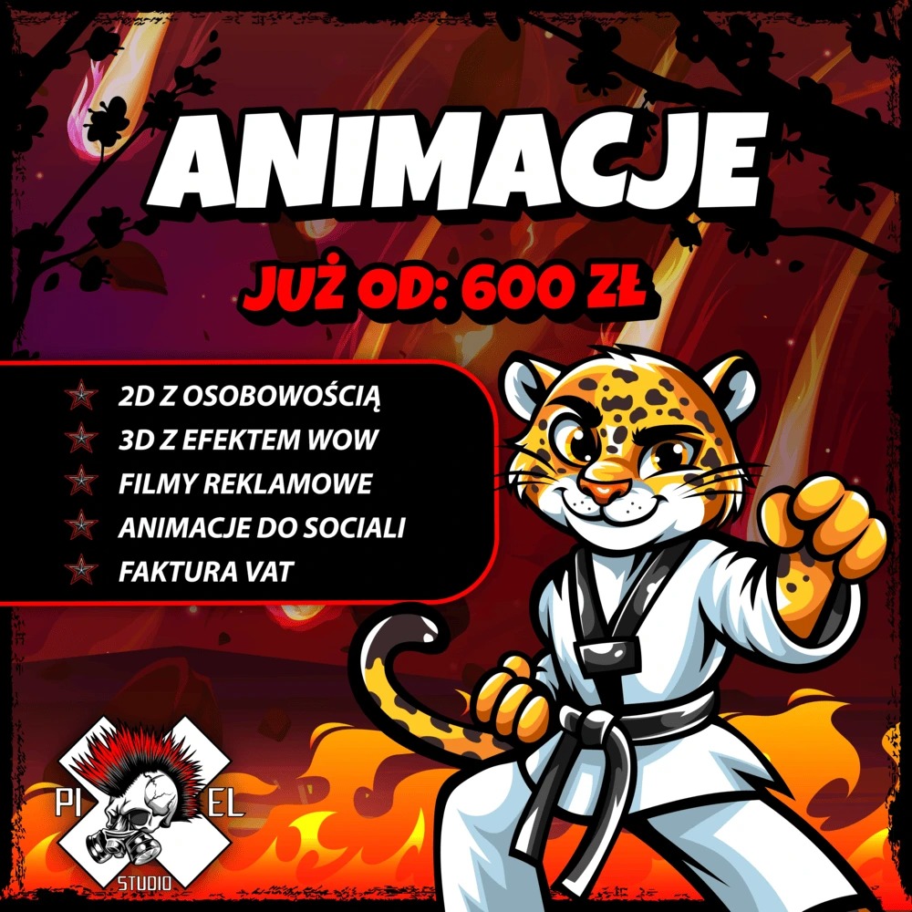 Animacje 2D/3D: Jaguar w karate-gi, oferta od 600 zł, filmy reklamowe i animacje do social mediów. Logo Pixel Studio w tle, dynamiczne tło z płomieniami.