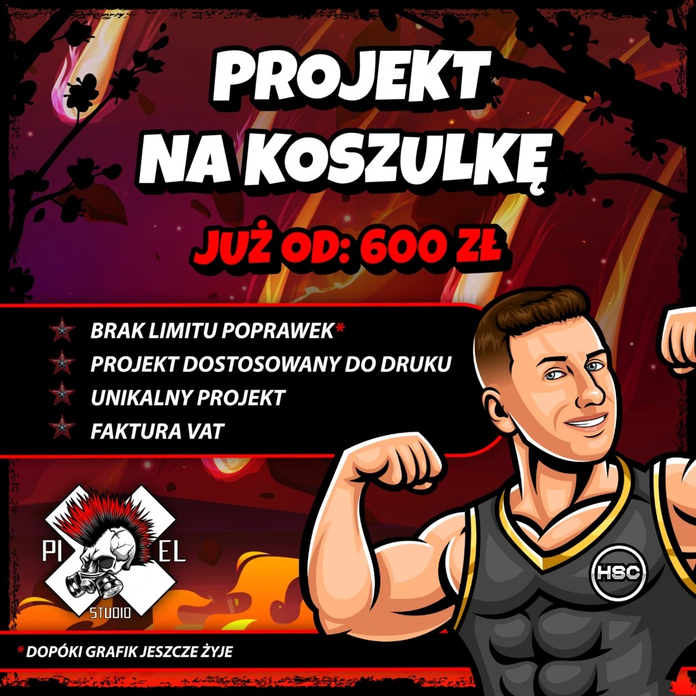 Projekt graficzny koszulki z muskularną postacią, oferowany od 600 zł. Informacje o braku limitu poprawek, dostosowaniu do druku i fakturze VAT. Logo studia Pixel.