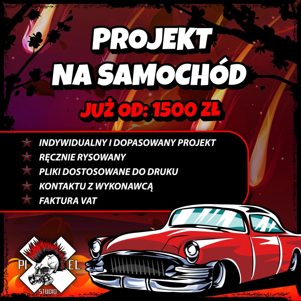 Projekt graficzny samochodu w stylu retro, z informacją o cenie od 1500 zł. Ręcznie rysowany, indywidualny projekt z plikami dostosowanymi do druku.