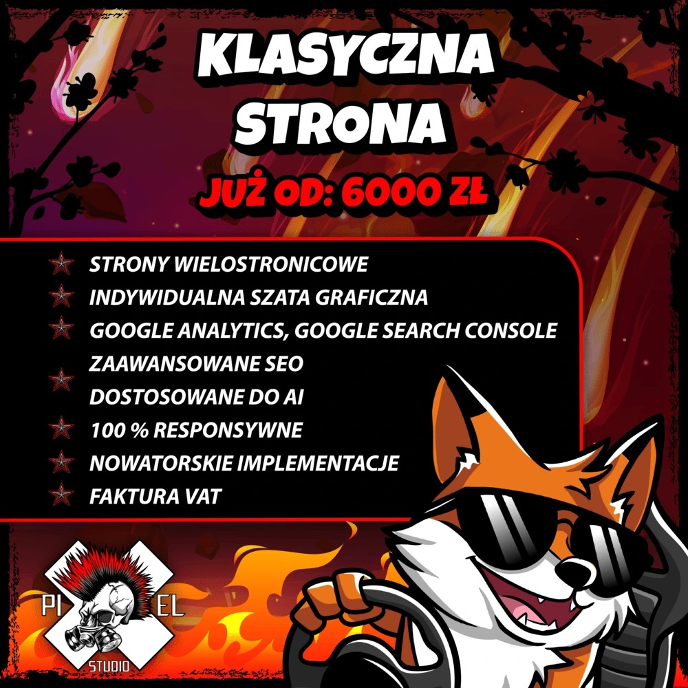 Grafika reklamowa: Klasyczna strona internetowa od 6000 zł. Oferta obejmuje strony wielostronnicowe, indywidualną szatę graficzną, SEO i fakturę VAT. Maskotka firmy: lis w okularach.