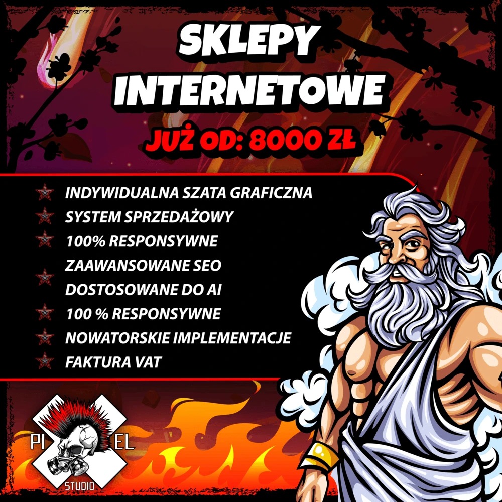 Grafika reklamowa: sklepy internetowe od 8000 zł. Ilustracja z Zeusem, punkowym logiem i listą cech: indywidualna szata graficzna, SEO, responsywność, faktura VAT.