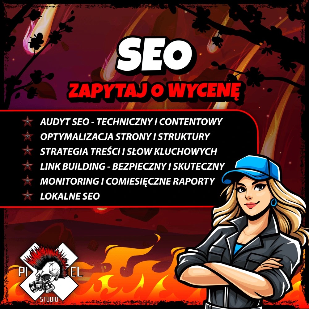 Grafika z hasłem SEO i listą usług: audyt SEO, optymalizacja strony, strategia treści, link building, monitoring, lokalne SEO. U dołu logo studia graficznego i postać kobiety.