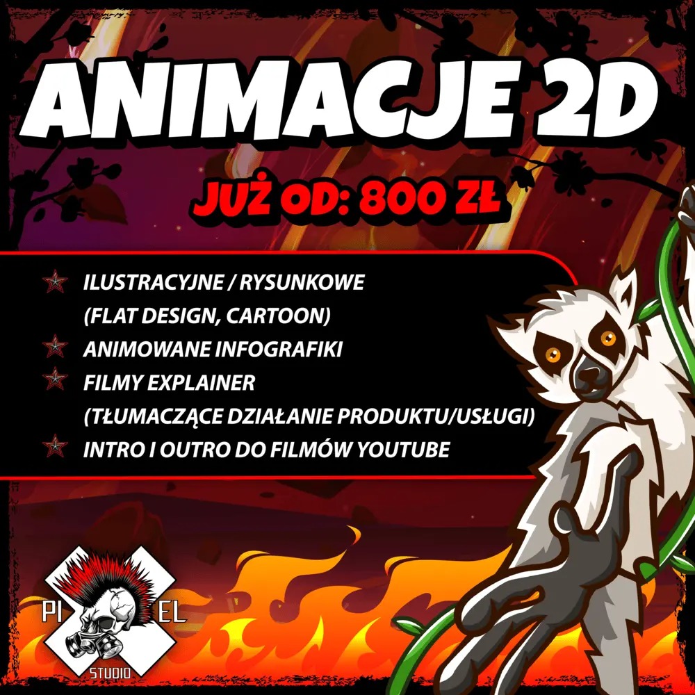 Animacje 2D od 800 zł - ilustracje, infografiki, filmy explainer i intro/outro do YouTube. Studio graficzne Chrzanów z lemurem w tle.