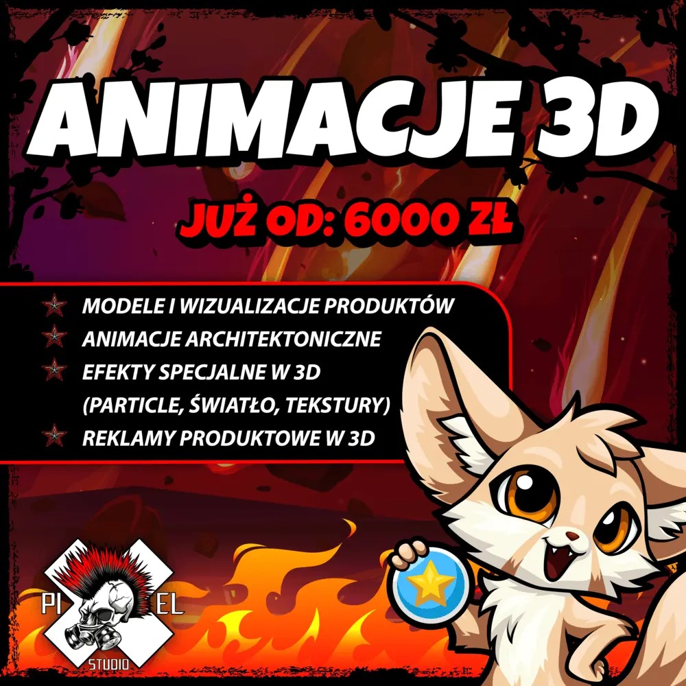 Animacje 3D: modele produktów, wizualizacje architektoniczne, efekty specjalne i reklamy produktowe. Oferta studia z ilustracją lisa trzymającego monetę.