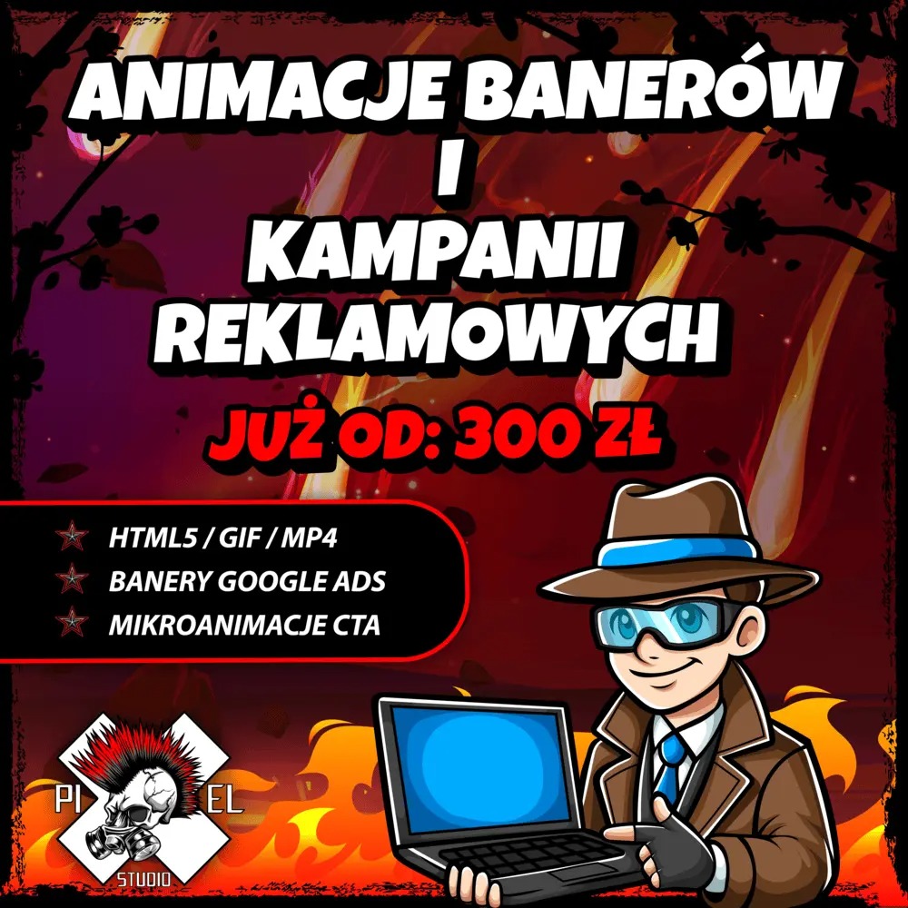 Animacje banerów i kampanii reklamowych od 300 zł. Oferta obejmuje HTML5, GIF, MP4, banery Google Ads i mikroanimacje CTA. Grafika z postacią detektywa i laptopem.