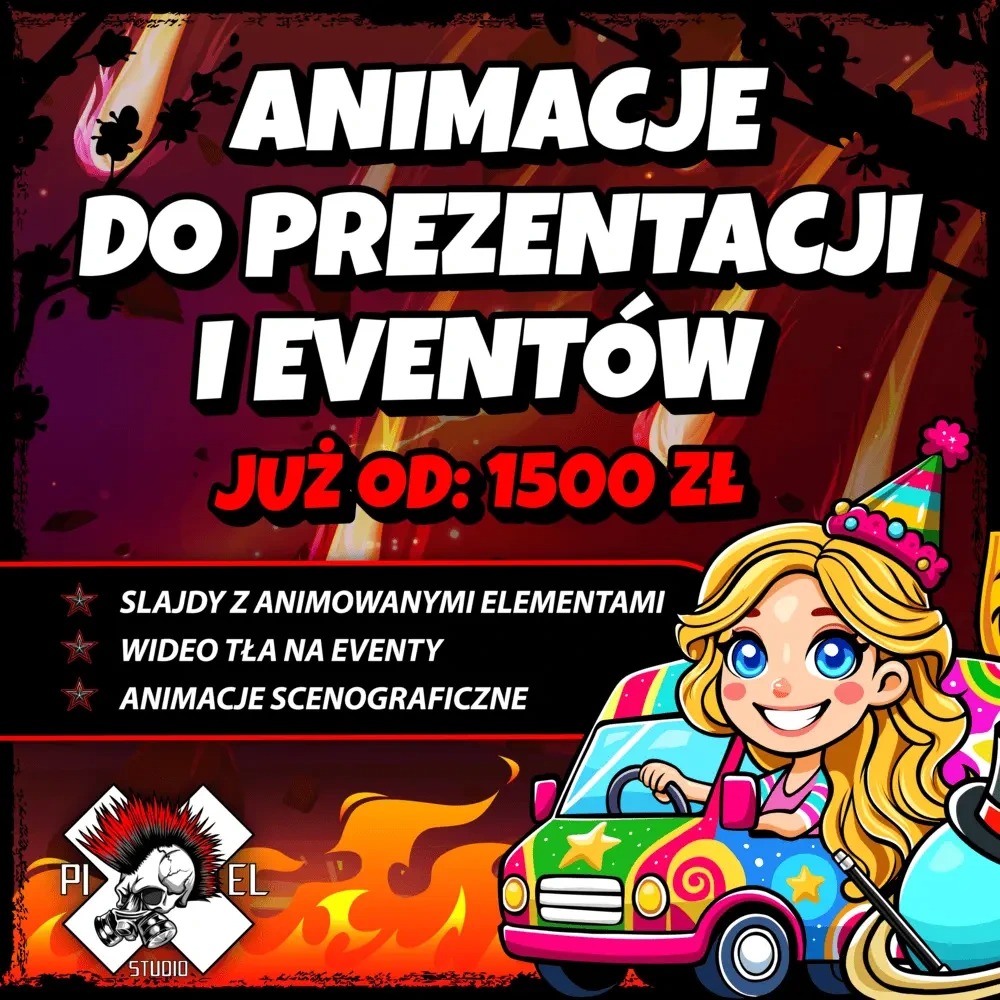 Animacje do prezentacji i eventów od 1500 zł. Grafika z kreskówkową postacią w aucie i logotypem studia Pixel.