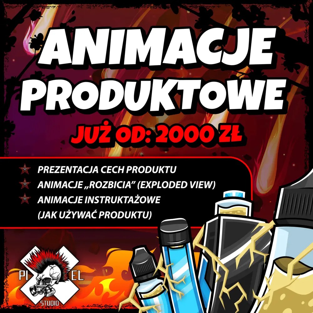 Animacje produktowe: prezentacja cech, animacje 'rozbicia' (exploded view), animacje instruktażowe. Cena od 2000 zł. Grafika z produktami i logo studia.