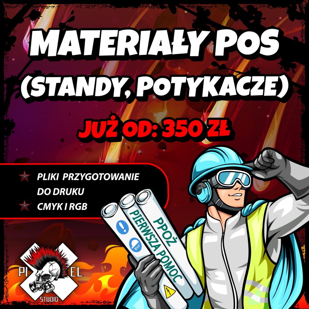 Grafika reklamowa: materiały POS (standy, potykacze) już od 350 zł. Pliki przygotowane do druku CMYK i RGB. Postać w kasku trzyma projekty PPOŻ i BHP.