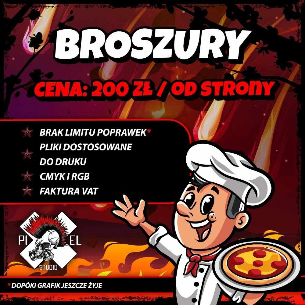 Promocyjna grafika broszur z ceną 200 zł/stronę, dopasowanymi plikami do druku, CMYK i RGB, fakturą VAT i nieograniczoną ilością poprawek. U dołu logo studia graficznego.