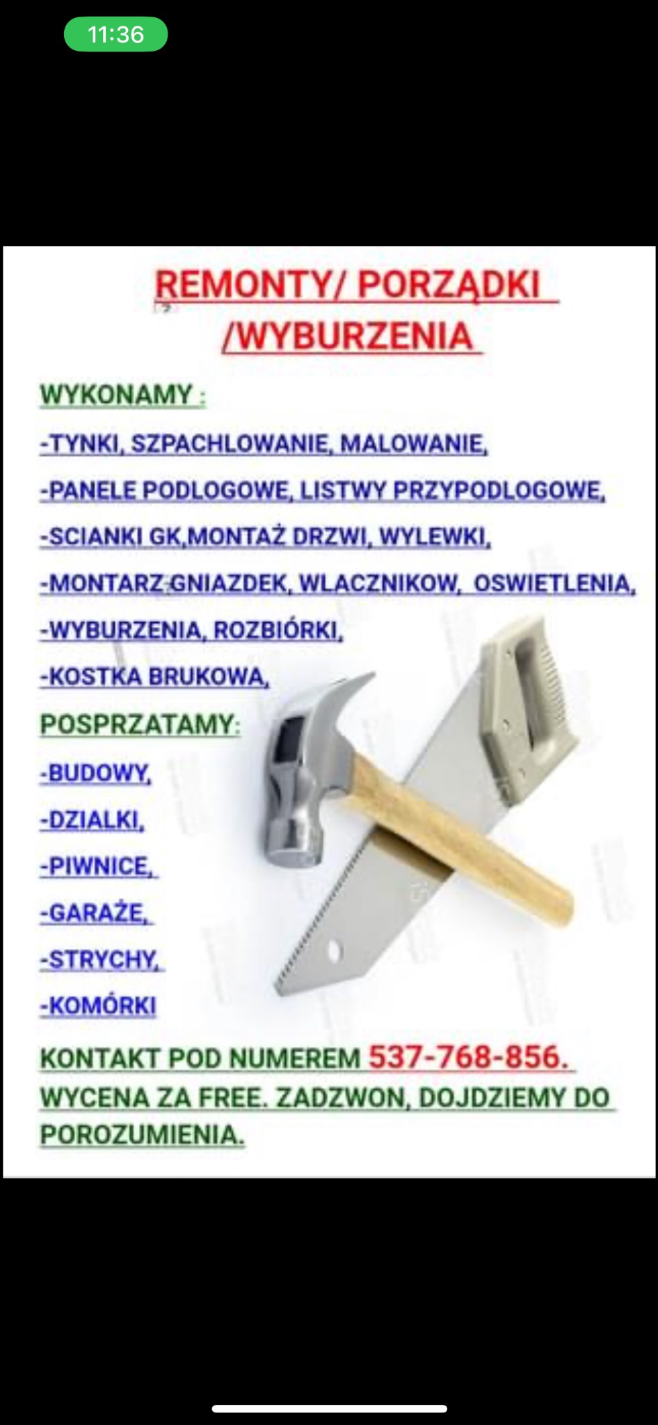 Ujęcie młotka i piły ręcznej na tle tekstu z ofertą usług remontowych, porządkowych i wyburzeniowych, w tym tynków, szpachlowania, malowania, montażu drzwi i innych prac budowlanych.