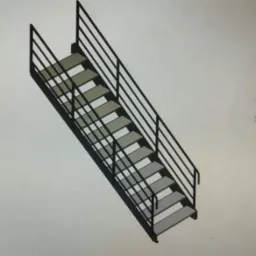 Wizualizacja 3D schodów metalowych z balustradą, widok z góry pod kątem, na jasnym tle ekranu komputera.