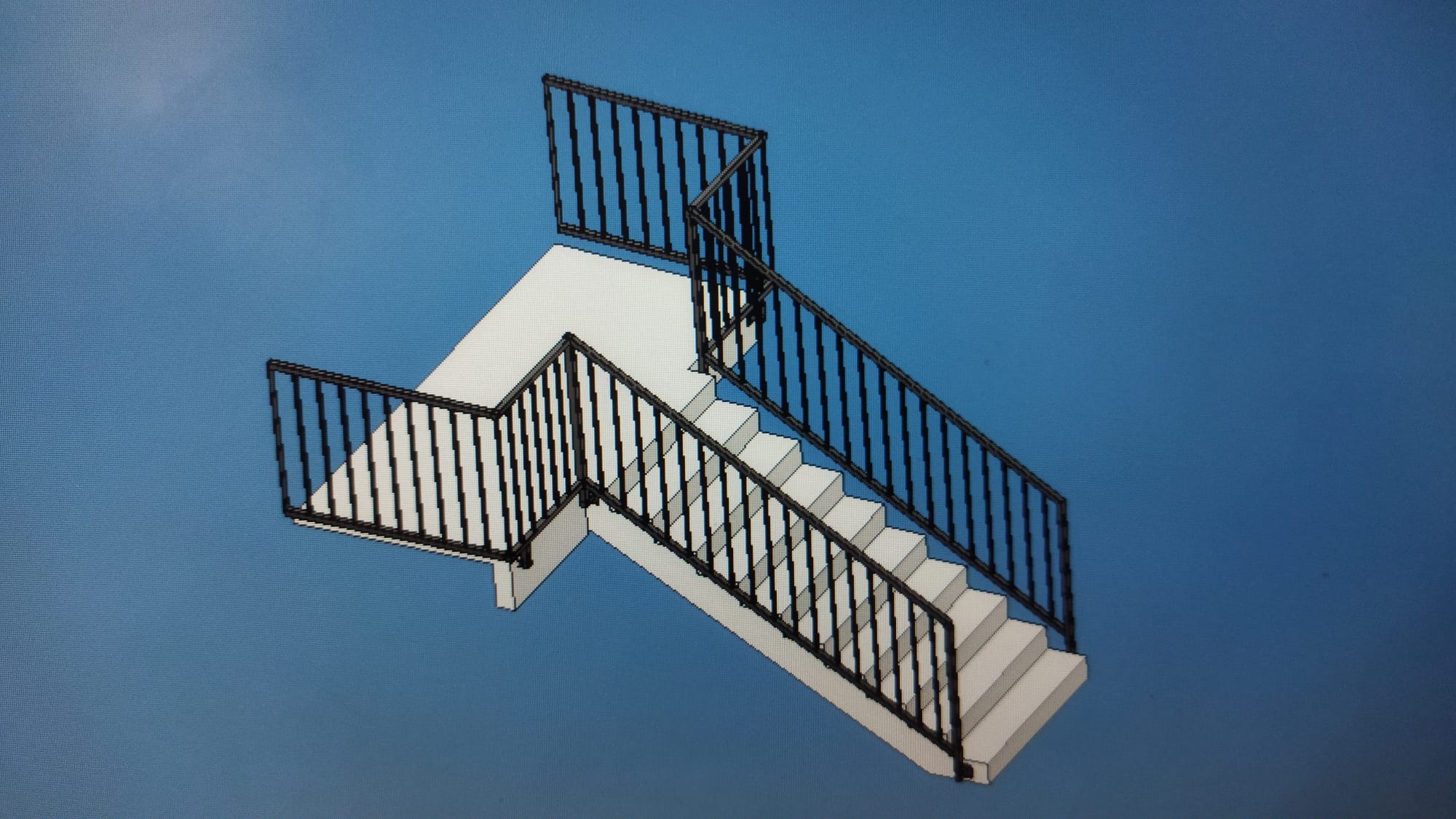 Model 3D schodów z czarnymi metalowymi balustradami na niebieskim tle, widok z góry.