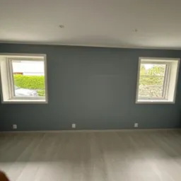 Pomalowane na szaro wnętrze pokoju z dwoma oknami dachowymi i panelami podłogowymi w jasnym odcieniu drewna.