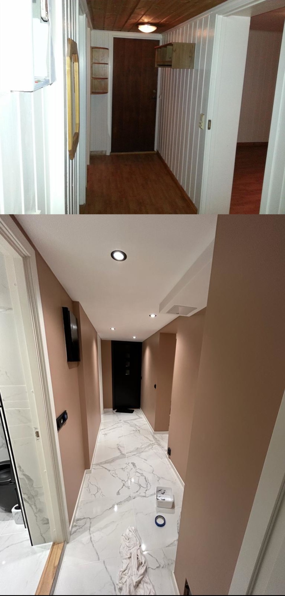 Korytarz po remoncie: porównanie stanu przed i po, ukazujące różnicę w kolorystyce ścian, oświetleniu i wykończeniu podłogi.