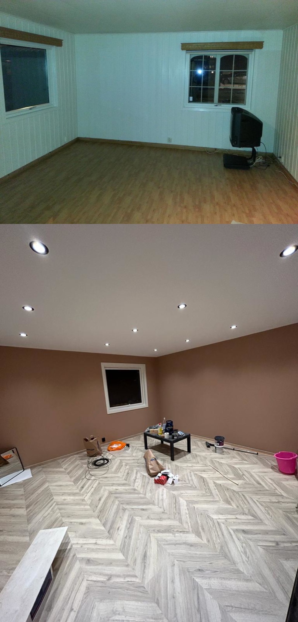 Porównanie pokoju przed i po remoncie: od paneli ściennych i podłogi imitującej drewno do pomalowanych ścian w kolorze brązowym, parkietu ułożonego w jodełkę i oświetlenia sufitowego halogenami.