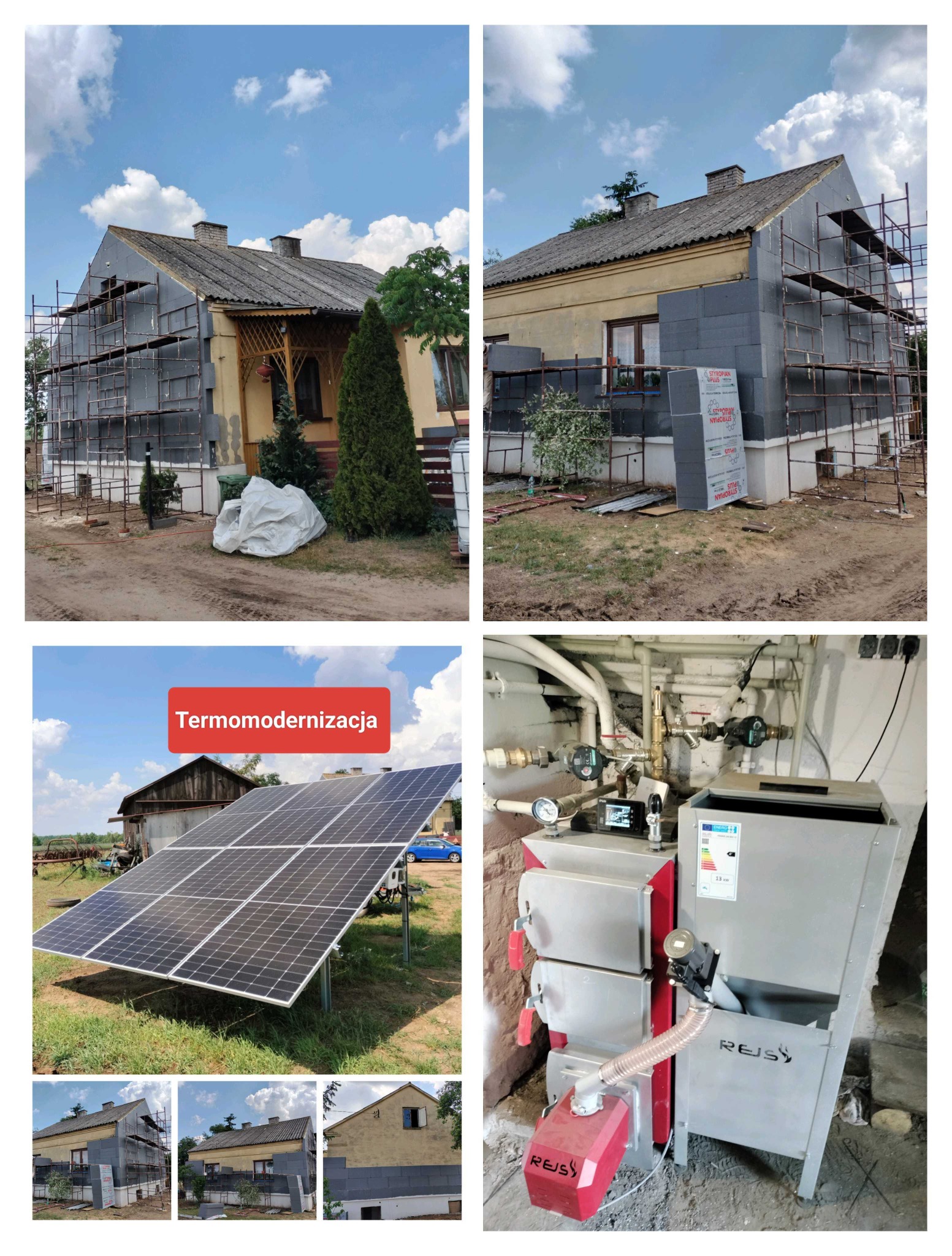 Fotowoltaika i termomodernizacja domu: panele słoneczne na trawie, ocieplanie ścian styropianem na rusztowaniach, piec CO z podajnikiem w kotłowni.
