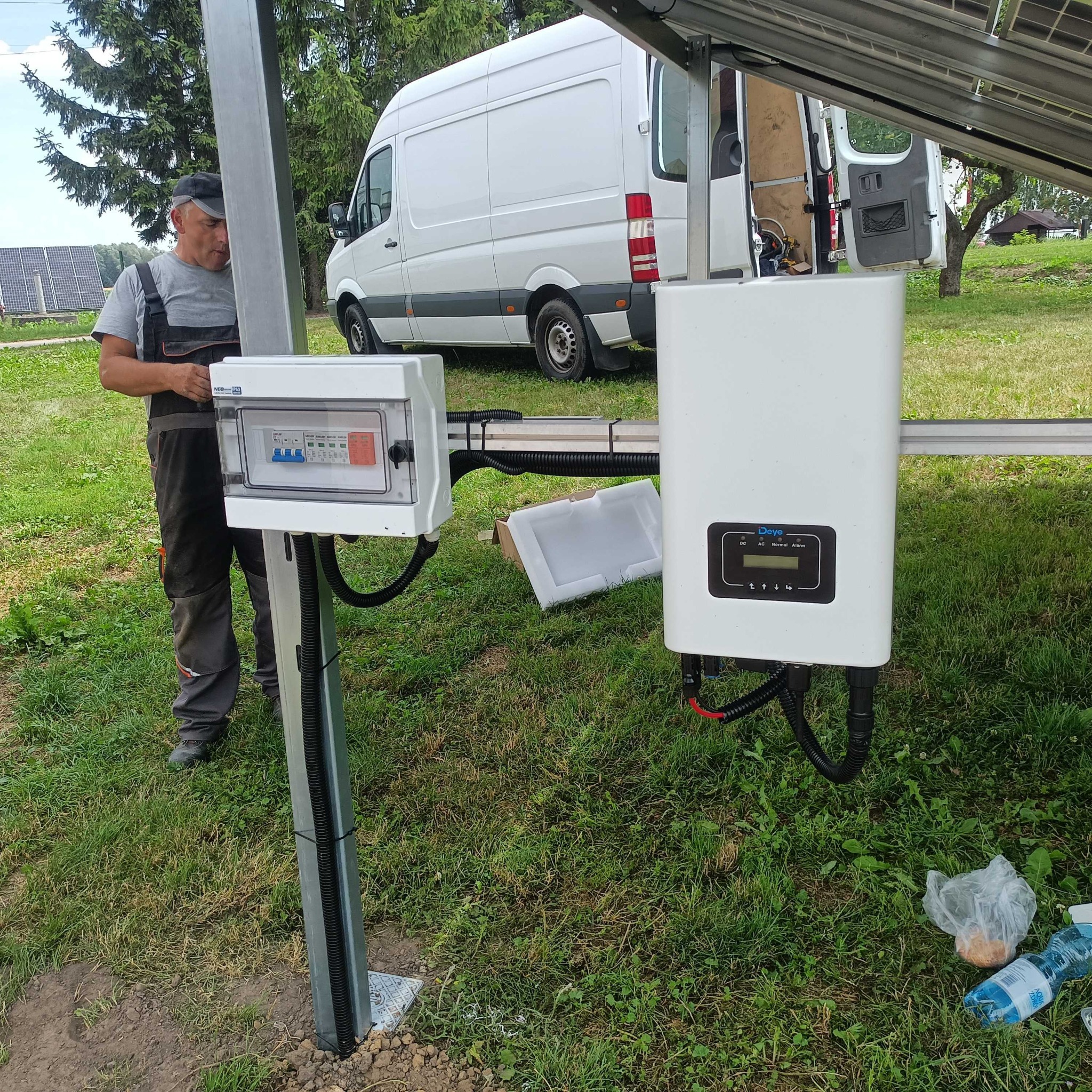 Instalator w kombinezonie roboczym przy skrzynce z bezpiecznikami i inwerterem, montowanych na metalowej konstrukcji na trawie, z białym vanem w tle.