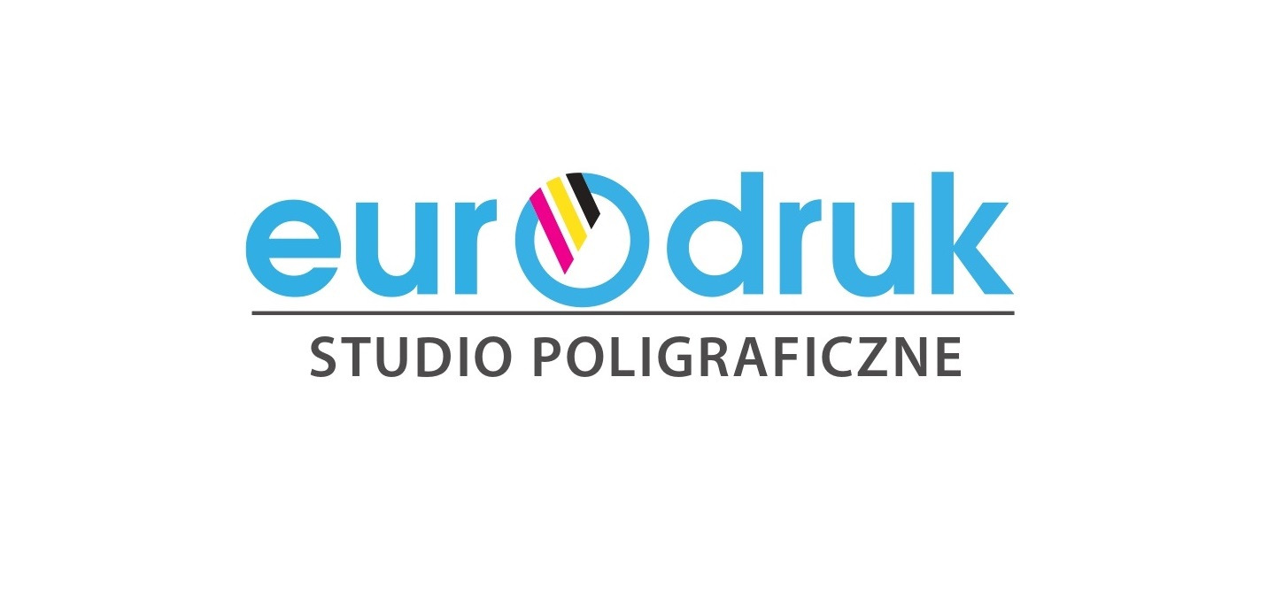 Logo firmy Eurodruk Studio Poligraficzne z nazwą w kolorze błękitnym i symbolem CMYK w okręgu nad napisem Studio Poligraficzne.