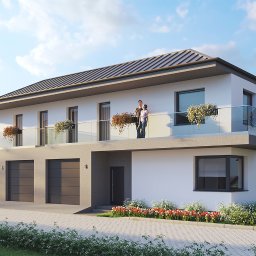 PKG3D Studio - Paweł Piotrowski - Wizualizacja bliźniaczego domu z balkonami z przeszklonymi balustradami, na których stoją dwie osoby. Na balkonach wiszą donice z kwiatami. Przed domem widoczny podjazd i fragment ogrodu.