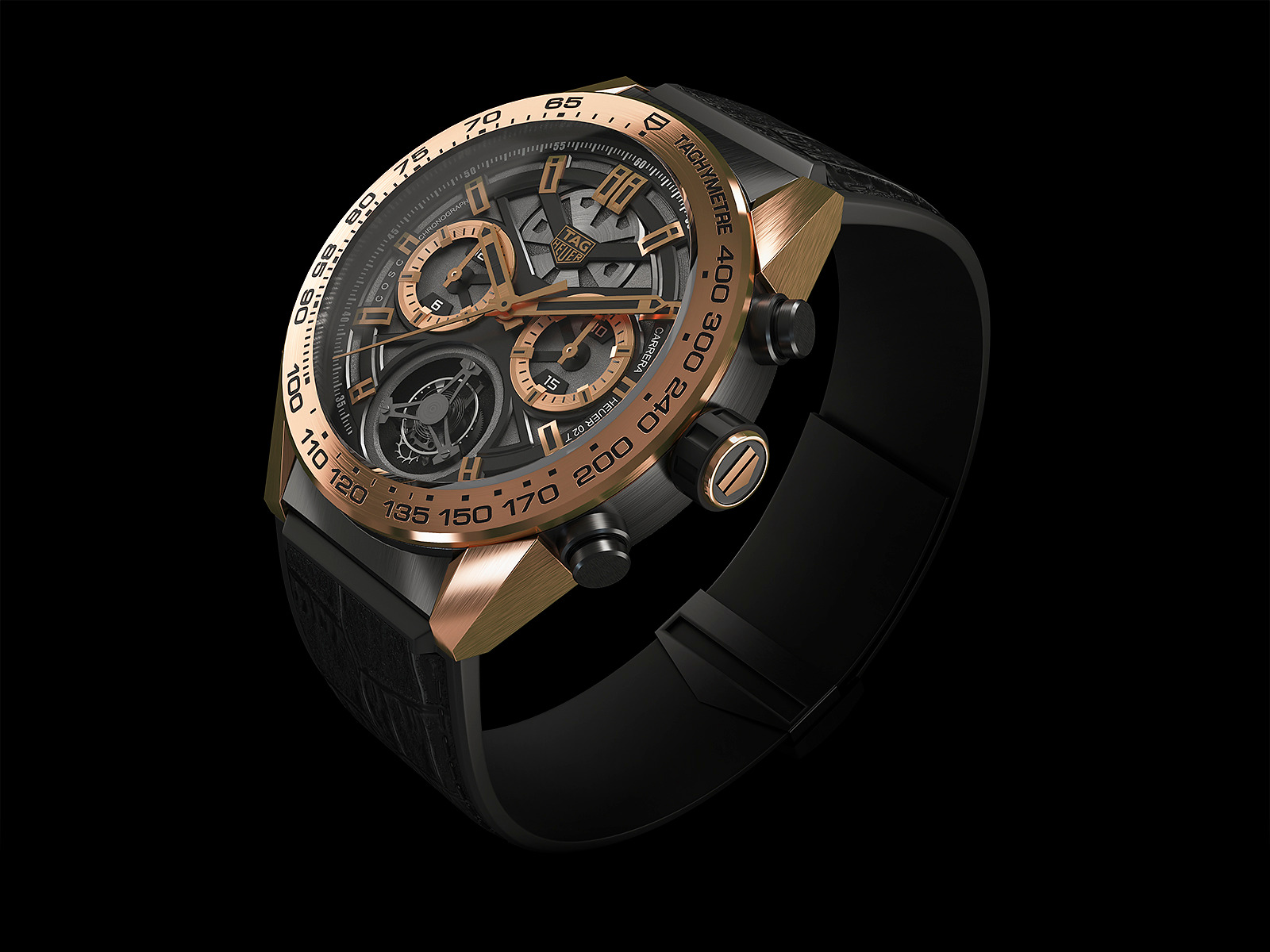 Wizualizacja luksusowego zegarka naręcznego Tag Heuer Carrera z elementami w kolorze różowego złota na czarnym tle, ukazująca detale tarczy i paska.