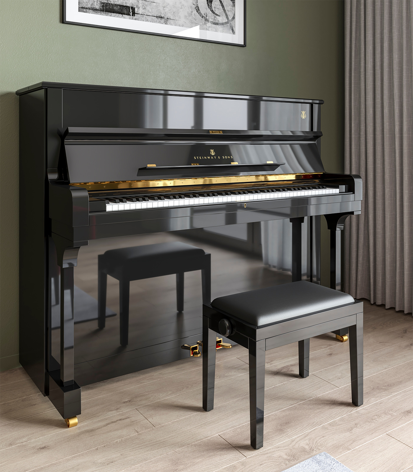 Czarny fortepian Steinway & Sons z dopasowanym stołkiem na tle oliwkowozielonej ściany i szarych zasłon.