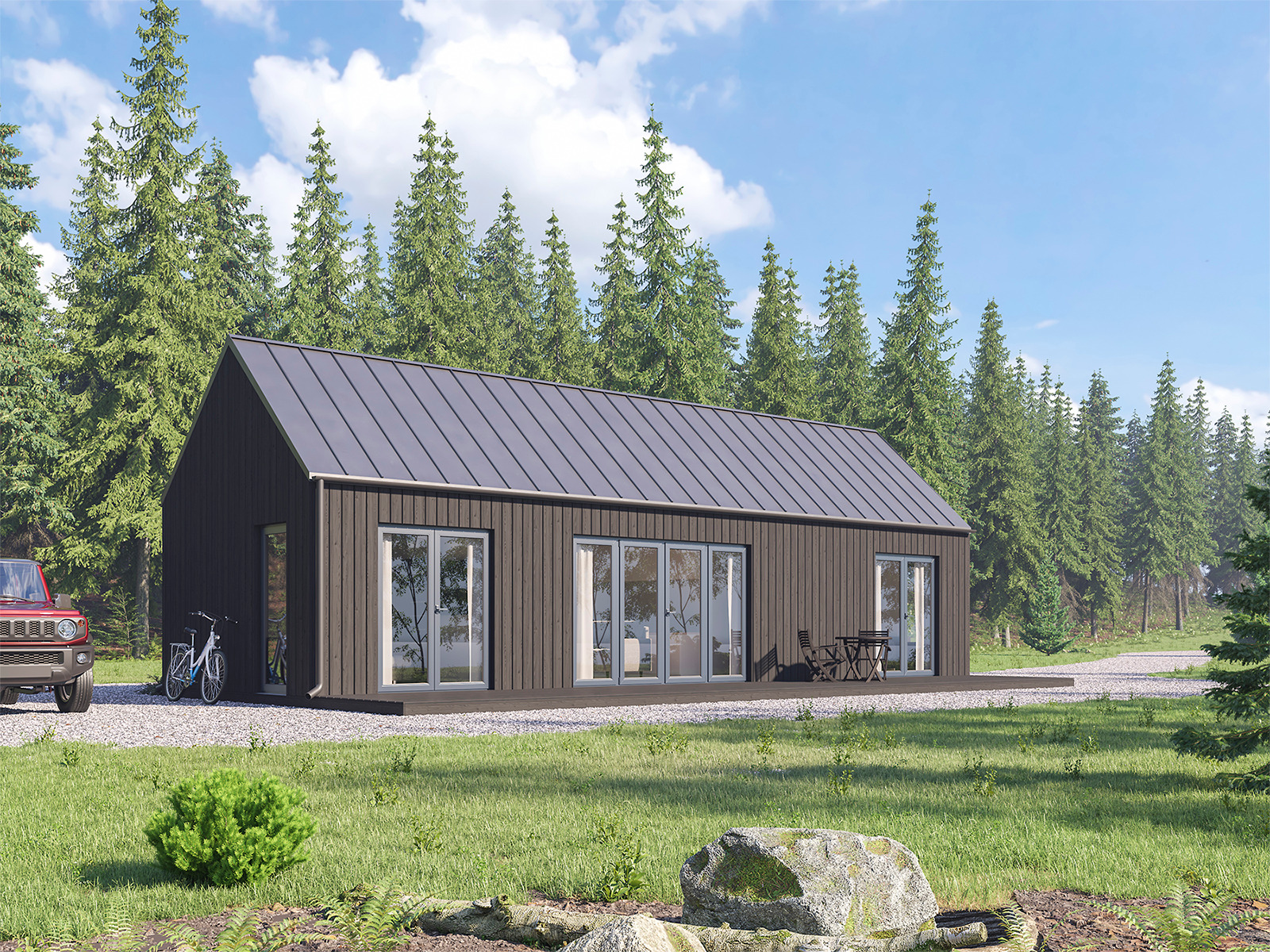 Wizualizacja nowoczesnego, parterowego domu z ciemnego drewna z szarym dachem na tle lasu, z czerwonym samochodem i rowerem opartym o ścianę.
