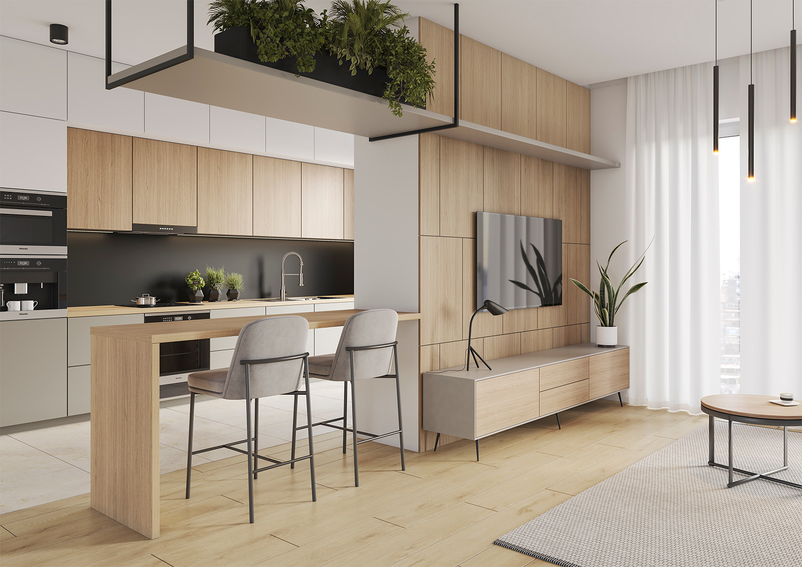 Wizualizacja wnętrza: nowoczesna kuchnia z drewnianymi frontami szafek, wyspa z dwoma szarymi hokerami, telewizor na ścianie z drewnianych paneli, roślina doniczkowa na szafce RTV, zwisające lampy...