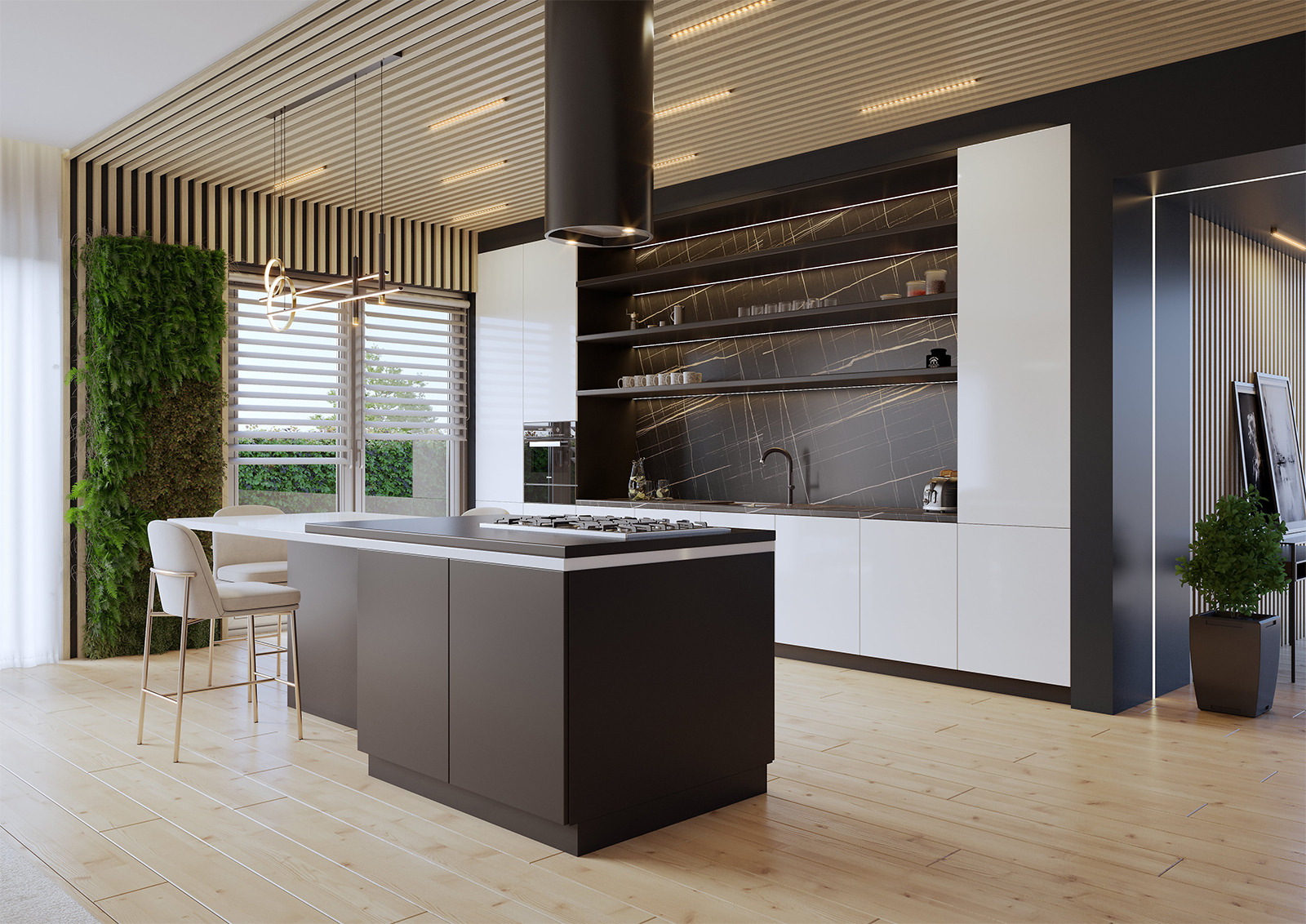 Nowoczesna kuchnia z wyspą, białymi szafkami i czarnym blatem z marmurowym wzorem, drewnianą podłogą, pionową ścianą z zieleni i designerskim oświetleniem.