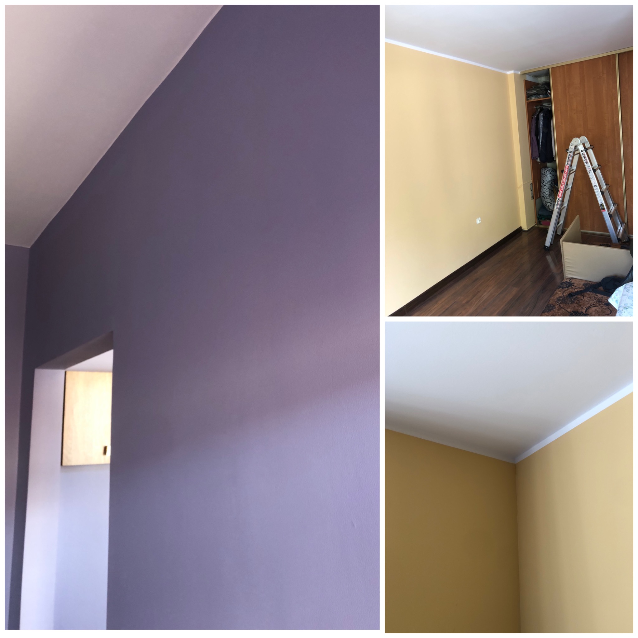 Pomalowane wnętrze: fioletowa ściana w korytarzu, pokój z żółtymi ścianami, brązową podłogą i drabina oparta o szafę.