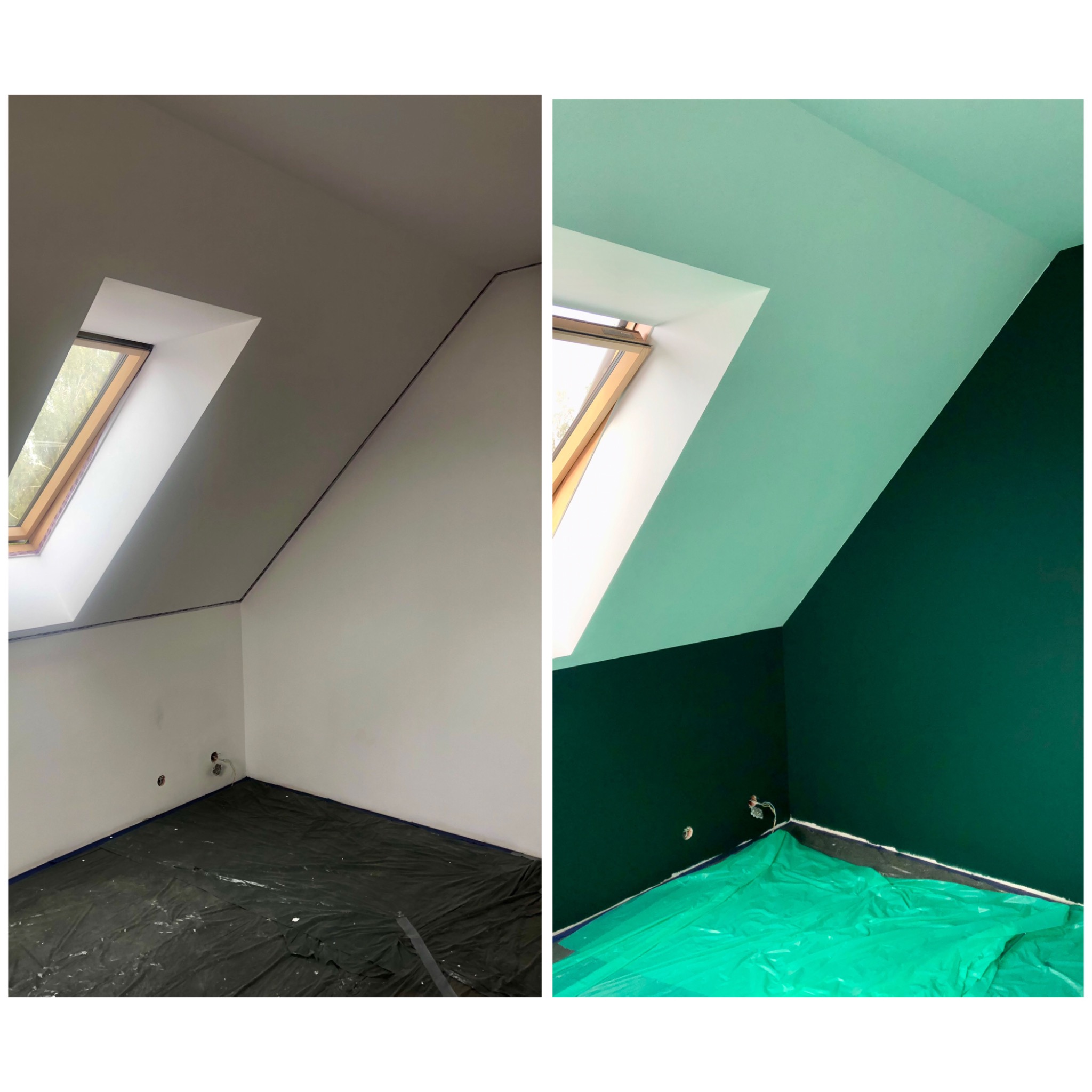 Porównanie pokoju na poddaszu przed i po malowaniu: ściany i sufit po lewej stronie w odcieniach bieli, po prawej - górna część w kolorze miętowym, dolna w ciemnej zieleni. Okno dachowe widoczne...