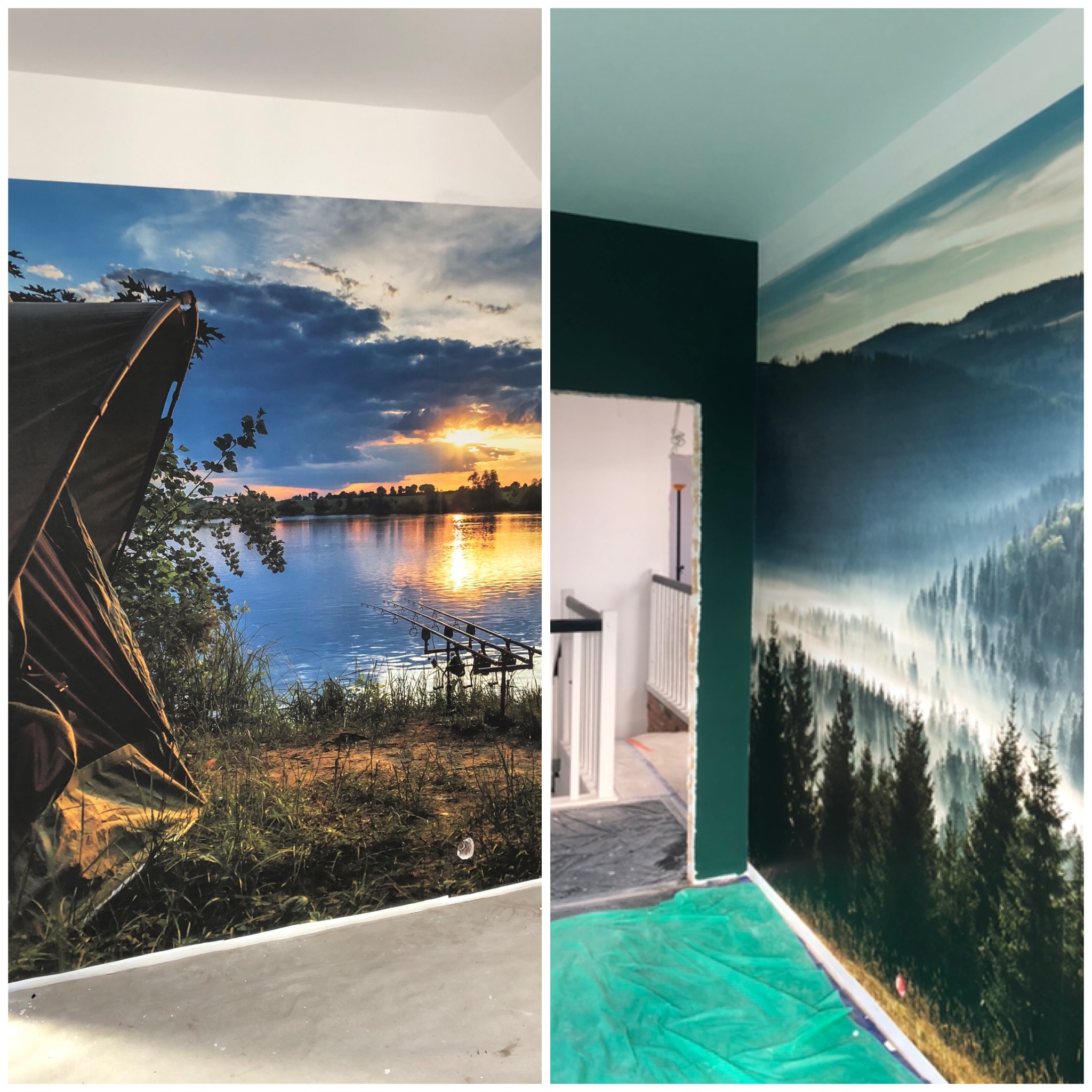 Dwa fototapety: jeden przedstawia jezioro o zachodzie słońca z namiotem wędkarskim, drugi górski las we mgle, oba w trakcie montażu na ścianach.