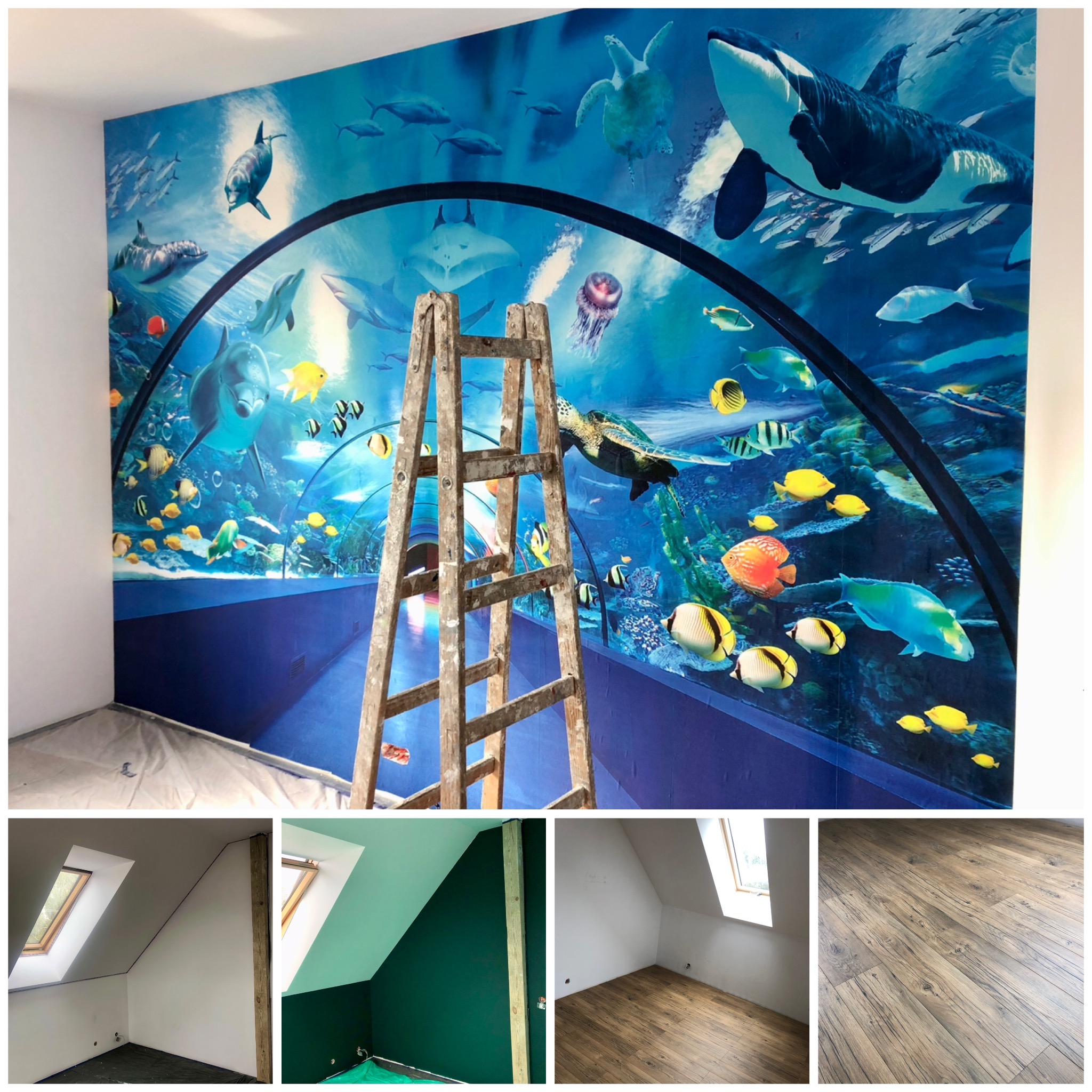 Świeżo położona fototapeta z motywem podwodnego tunelu z morskimi zwierzętami, widoczna drewniana drabina malarska, w dolnej części kolaż zdjęć z pomieszczeń w trakcie remontu.
