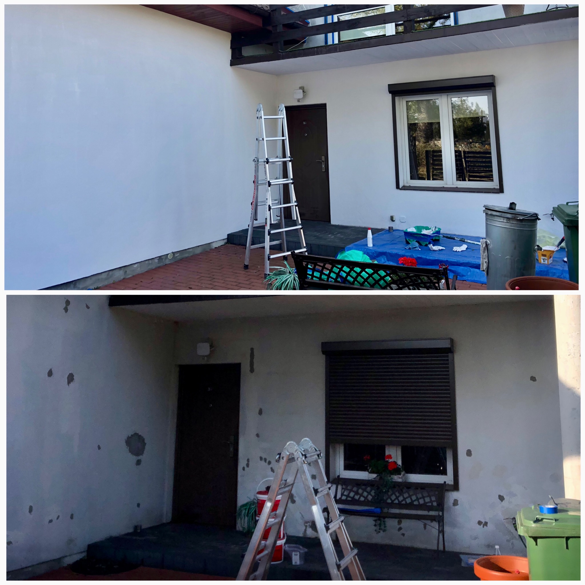 Dwa ujęcia elewacji domu: górne - po świeżym pomalowaniu na biało, z rozstawioną drabiną i akcesoriami malarskimi; dolne - elewacja przed malowaniem, z widocznymi ubytkami i śladami po naprawach.