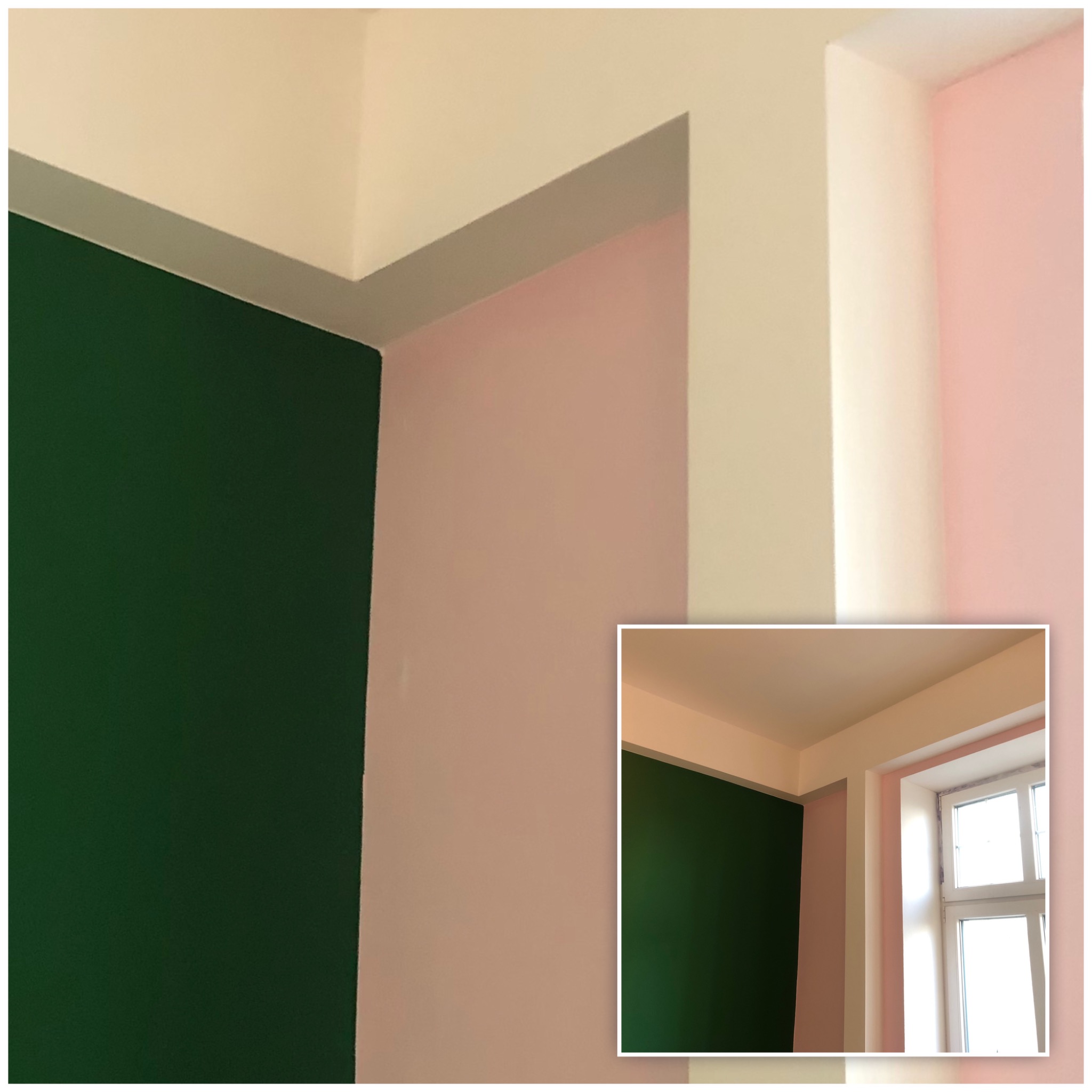 Pomieszczenie po malowaniu: ściana w kolorze butelkowej zieleni sąsiaduje z delikatnym różem, a całość dopełnia kremowy sufit z dekoracyjnym gzymsem. Dodatkowe ujęcie w prawym dolnym rogu...