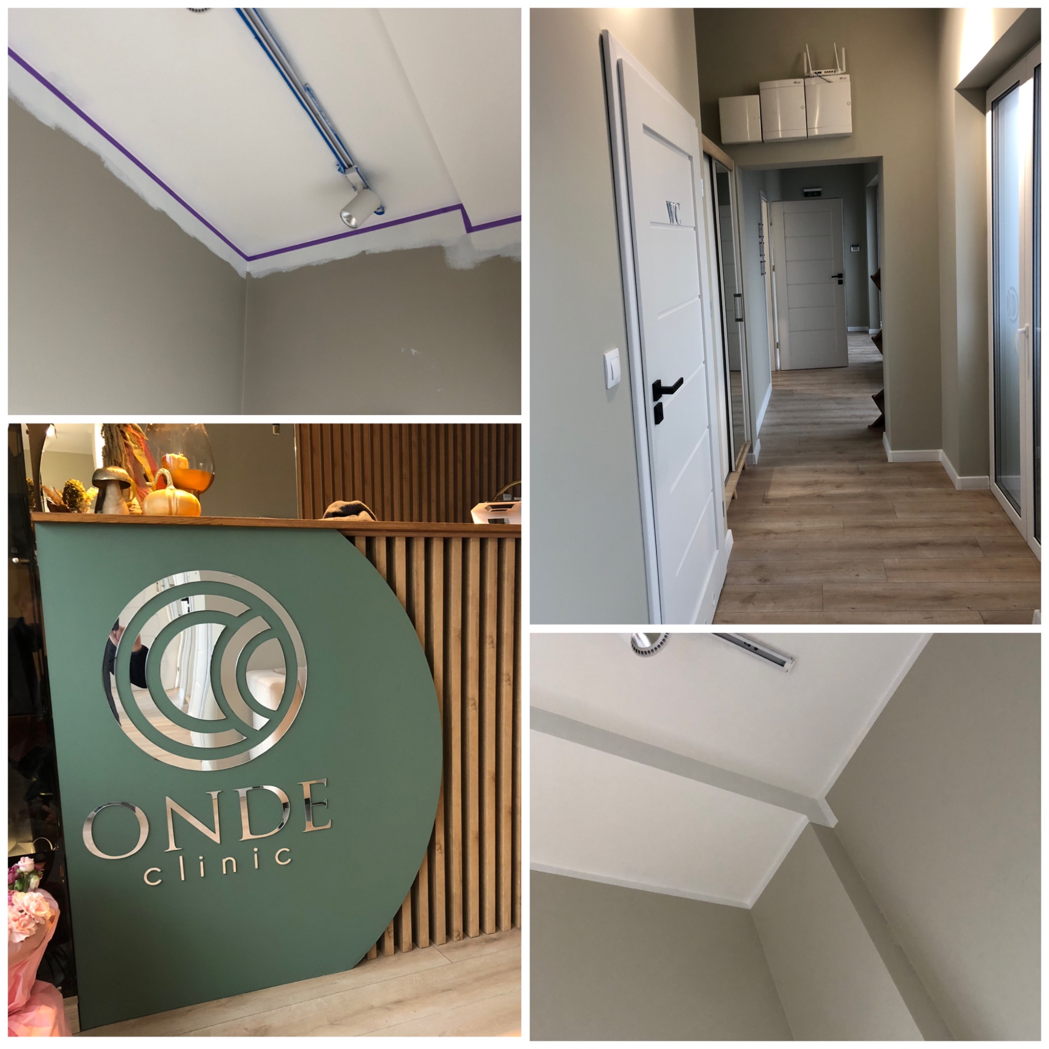 Wnętrze komercyjne w trakcie wykończenia: ściany pomalowane na szaro, widoczne ślady taśmy malarskiej przy suficie, oświetlenie szynowe, fragment korytarza z panelami podłogowymi, białe drzwi...