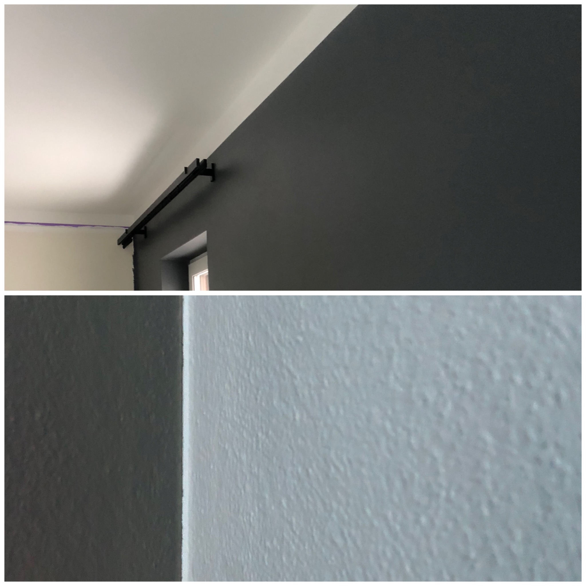 Fragment ściany z widocznymi śladami taśmy malarskiej, górna część ściany pomalowana na szaro, dolna część w zbliżeniu prezentuje fakturę świeżo nałożonej gładzi w odcieniach bieli.