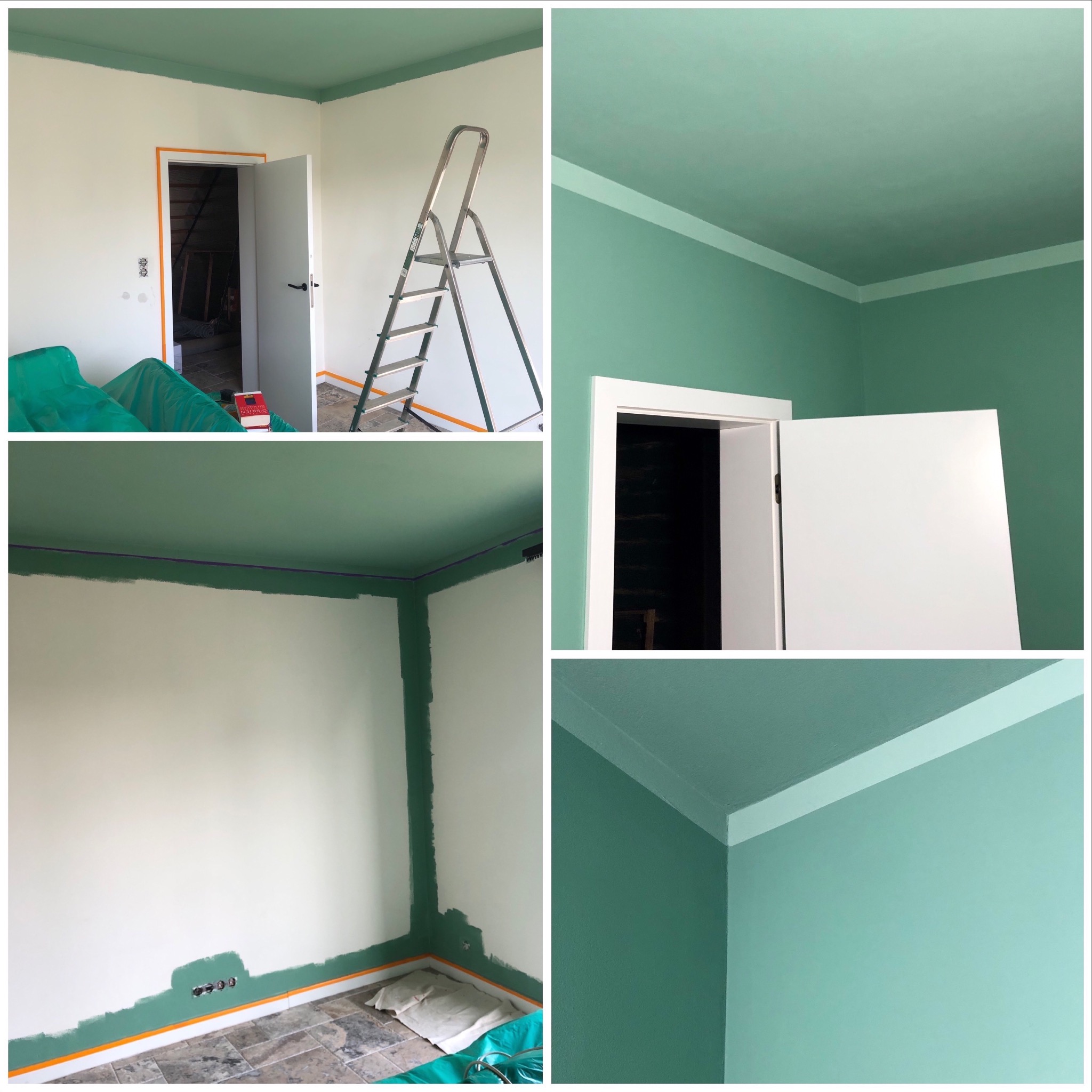 Pokój w trakcie malowania: ściany częściowo pomalowane na zielono, zabezpieczone taśmą malarską, widoczna drabina i pojemniki z farbą, sufit w całości w kolorze zielonym, różne etapy prac malarskich.